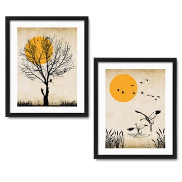 Plakaty DYPTYK zachód słońca żurawie drzewo [2A]