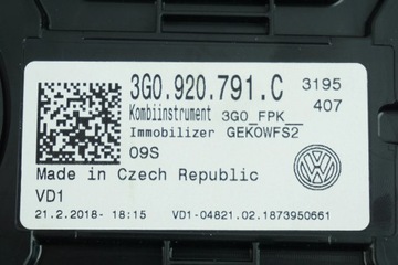PŘÍSTROJOVÁ DESKA BUDÍKY VW PASSAT B8 3G0920791C