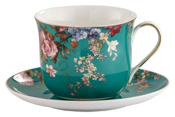 Filiżanka Spodek Porcelana 400ml zielona w kolorowe kwiaty 1szt z pudełkiem