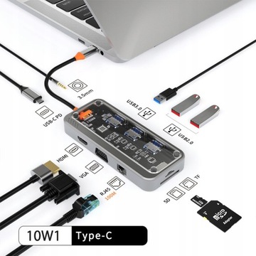 Док-станция Адаптер-концентратор USB Type C 10в1 100 Вт PD