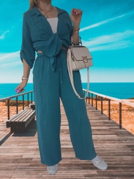 Муслиновый КОМПЛЕКТ, рубашка, свободные брюки, зеленый