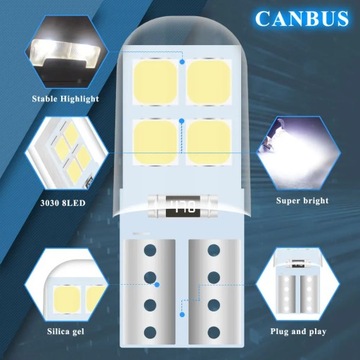 10x W5W Led T10 Canbus 3030 8SMD Внутренняя купольная лампочка для чтения DRL автомобиля