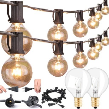 GIRLANDA PATIO LAMPKI OGRODOWE ŁAŃCUCH ZEWNĘTRZNA 15M 25 ŻARÓWKI 2 ZAPASOWE