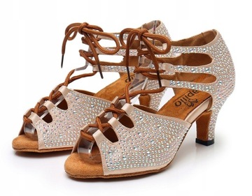 BUTY DO TAŃCA TANECZNE Z CYRKONIAMI WIĄZANE 6cm