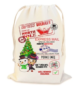 PEROSNALIZOWANY WOREK NA ŚWIĄTECZNY PREZENT POD CHOINKĘ Z IMIENIEM 23*34CM