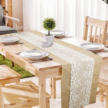 BIEŻNIK NA STÓŁ BRKURLEG JUTOWY 30 X 275 CM BOHO RUSTYKALNY Z KORONKĄ 1 SZT