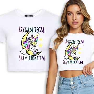 Krótka Koszulka Damska Unicorn RZYGAM TĘCZĄ Wz - L