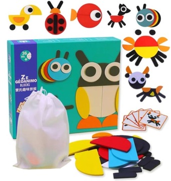 LOGICZNA UKŁADANKA MONTESSORI KLOCKI DREWNIANE PUZZLE MOZAIKA ZESTAW 50 el.