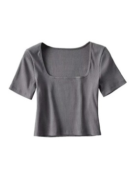 Women Square Neck Rib Crop T-shirt Short Sleeve Cr