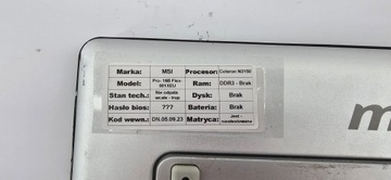 PC Pro MSI 16B Flex-001XEU Intel Celeron DDR3 ОТСУТСТВУЮЩИЕ ЧАСТИ ДОНОР