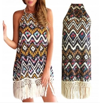 MINI SUKIENKA TUNIKA PAREO AZTECKIE WZORY FRĘDZLE