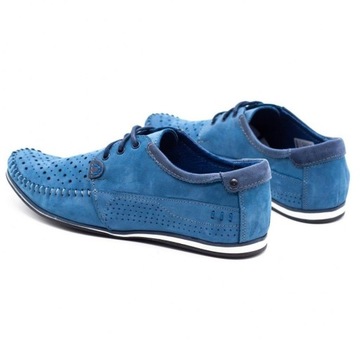 Buty męskie skórzane mokasyny sznurowane na lato ażurowe 875L niebieskie 44
