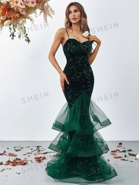 SHEIN SUKIENKA MAXI ZIELONA W CEKINY Z FALBANĄ ODKRYTE PLECY S 123