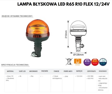LAMPA BŁYSKOWA KOGUT 36 LED 12/24V FLEX + TRZPIEŃ TYP O MOCOWANIE LAMPY