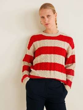 Sweter w paski damski MANGO beżowo czerwony L