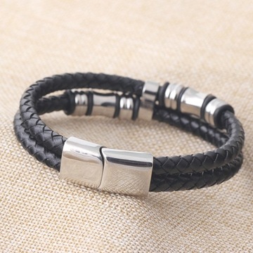 МУЖСКОЙ ЧЕРНЫЙ КОЖАНЫЙ ЭЛЕГАНТНЫЙ СТАЛЬНОЙ БРАСЛЕТ