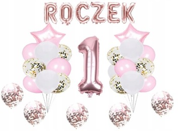 Zestaw balonów BALONY ROCZEK cyfra 1 urodziny ROSE GOLD różowe konfetti