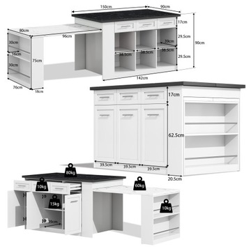 150+96cm White Kitchen Island w/ Extendable Table, Marble Top & Storage