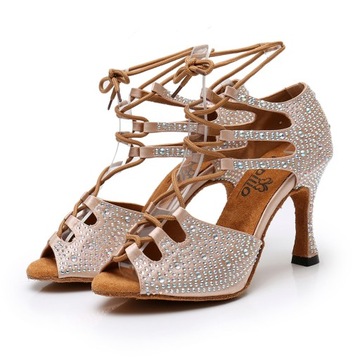 BUTY DO TAŃCA TANECZNE Z CYRKONIAMI WIĄZANE 9cm