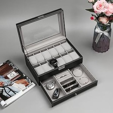 Запираемая коробка для часов с 12 отделениями, искусственная кожа, шкатулка для драгоценностей, коричневая