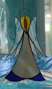 Anioł witrażowy Tiffany pro, duży, bladoniebieski