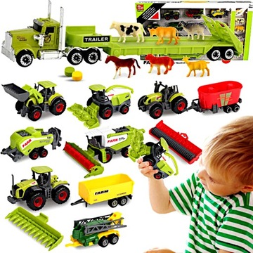 DUŻY ZESTAW POJAZDÓW ROLNICZYCH TRAKTOR CIĄGNIK + ZWIERZĘTA 22 ELEMENTY