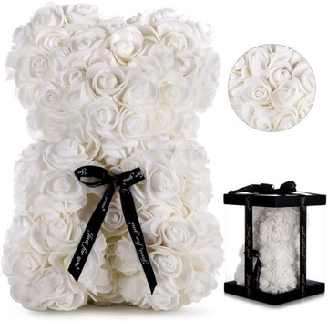 MIŚ Z RÓŻ RÓŻANY MIŚ Biały Miś Z W PUDEŁKO Róż - 25 Cm