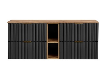 CZARNY Zestaw pod UMYWALKĘ 140 cm z Blatem i Regałem RYFLOWANE SZUFLADY