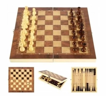 SZACHY DREWNIANE KLASYCZNE TRYKTRAK 3W1 XXL DUŻE 35x35 cm WARCABY GRA