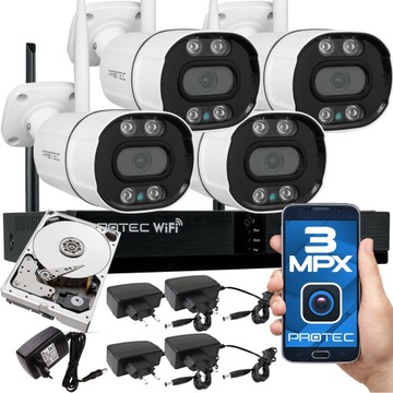 ZESTAW KAMER WIFI 4x KAMERA BEZPRZEWODOWA 3MPX Z MIKROFONEM 24/7