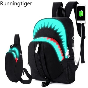 Moda męska USB ładowanie świecący w nocy plecak Shark Laptop plecak torba