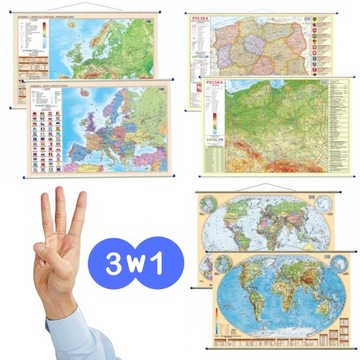 Zestaw 3 x Mapa ścienna dwustronna AKTUALNA POLSKA EUROPA ŚWIAT