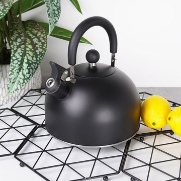 ЧЕРНЫЙ стальной чайник со свистком для закипания воды для плиты объемом 2,4 л.