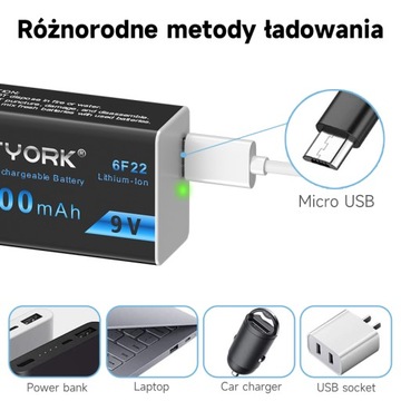 2 szt. 9V 6F22 Micro USB akumulator litowo-jonowy z kablem USB