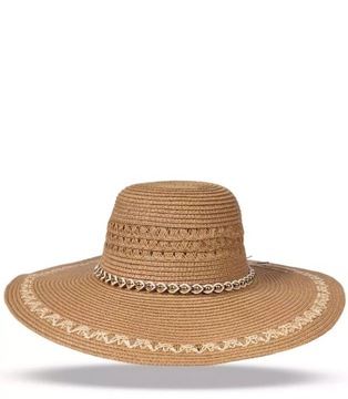 Duży damski kapelusz szerokie rondo koraliki (Brązowy)