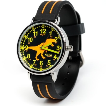Edukacyjny zegarek Kiddus - T-Rex Czarny i Pomarańczowy