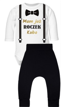 Komplet na pierwsze urodziny. Body Mam już roczek z muchą i szelkami r 80