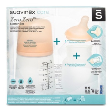 Suavinex Zestaw startowy butelka Zero Zero 180ml, smoczek 0m+, woreczek
