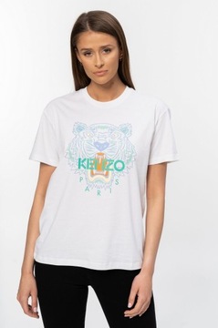 KENZO - biały t-shirt TIGER z zielonym logo r. XS