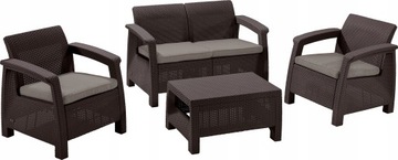 MEBLE OGRODOWE RATTAN CORFU SET CURVER BRĄZ DLA 4 OSÓB SOFA FOTELE STOLIK