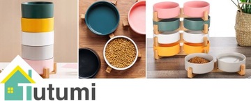 ДВОЙНАЯ ЧАШКА ДЛЯ КОШКИ, КЕРАМИЧЕСКИЕ ЧАШКИ НА ПОДСТАВКЕ БАМБУК, 2X400МЛ