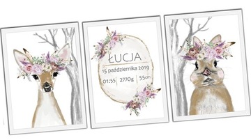 3 obrazki ramki białe boho sowa królik a4