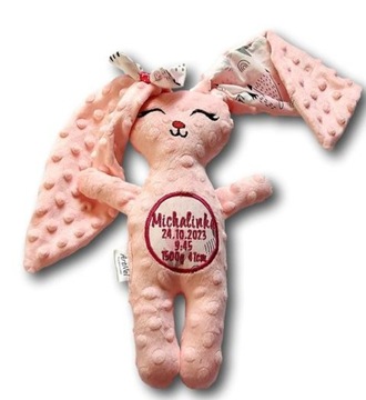 Króliczek królik chrzest niebieski z imieniem datą metryczką pamiątka bunny