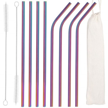 НАБОР МЕТАЛЛИЧЕСКИХ СОЛОМОК ЭКО ТОЛСТЫЕ ТРУБКИ, 8 шт. МНОГОРАЗОВОЕ ОЧИСТИТЕЛЬНОЕ СРЕДСТВО RAINBOW