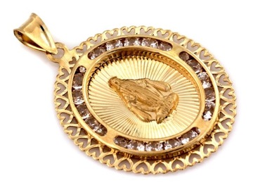 Medalik złoty 585 duży owalny Matka Boska Niepokalana w ażurowej oprawie