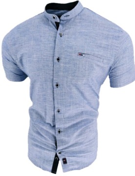 РУБАШКА МУЖСКАЯ, СИНЯЯ КОРОТКИЙ РУКАВ, ЗНАК 1754, ВОРОТНИК-СТОЙКА, XL 43/44