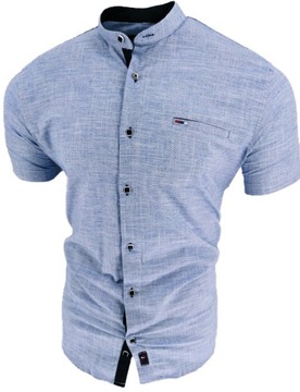 РУБАШКА МУЖСКАЯ, СИНАЯ КОРОТКИЙ РУКАВ, ВОРОТНИК-СТОЙКА С ЗНАКОМ, L 41/42