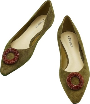 BUTY DAMSKIE BALERINY BALETKI Z OZDOBĄ NISKI OBCAS ZIELONE C.Paravano r.39