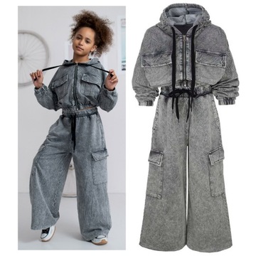 Szary dres cargo oversize efekt sprania komplet spodnie baggy wide leg 146