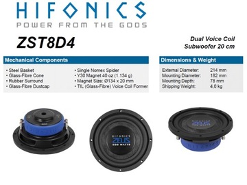 Hifonics ZST8D4 Subwoofer 200 мм 250WAT RMS 2x4OHM